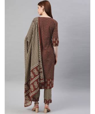 Women Maroon & Beige Ethnic Motifs Straight Cotton Kurta, Palazzo With Dupatta 3