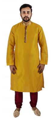 Yellow embroidered raw silk kurta-pajama 1