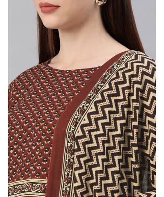 Women Maroon & Beige Ethnic Motifs Straight Cotton Kurta, Palazzo With Dupatta 4