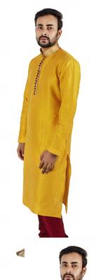 Yellow embroidered raw silk kurta-pajama 3