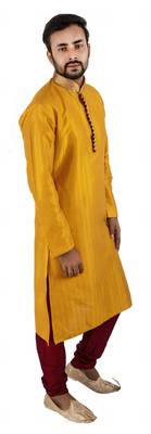 Yellow embroidered raw silk kurta-pajama 4