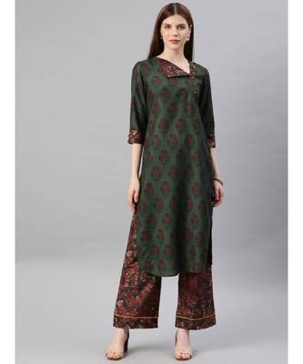 Women Green Ethnic Motifs Straight Viscose Kurta With Palazzo 1