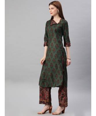 Women Green Ethnic Motifs Straight Viscose Kurta With Palazzo 2