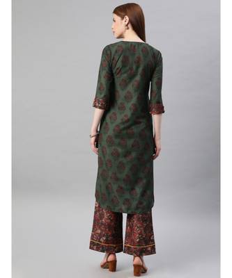 Women Green Ethnic Motifs Straight Viscose Kurta With Palazzo 3