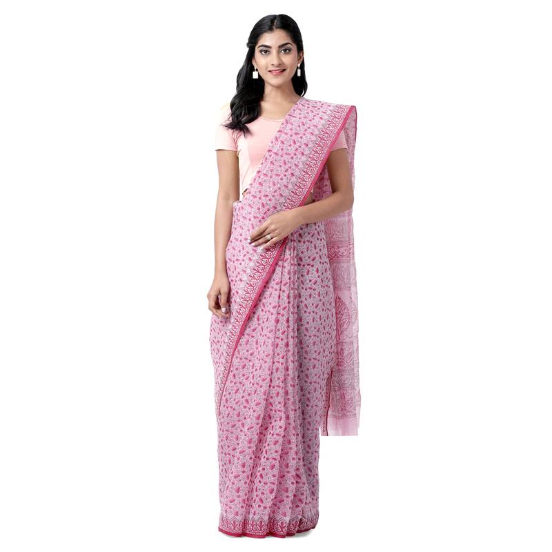 Blush Pink With Blue Linen Sofisticated KotaDoria Dye Block Printed Cotton Saree With Blouse main image 1