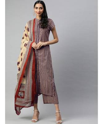 Women Beige & Beige Striped Straight Cotton Kurta, Palazzo With Dupatta 1