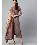Women Beige & Beige Striped Straight Cotton Kurta, Palazzo With Dupatta