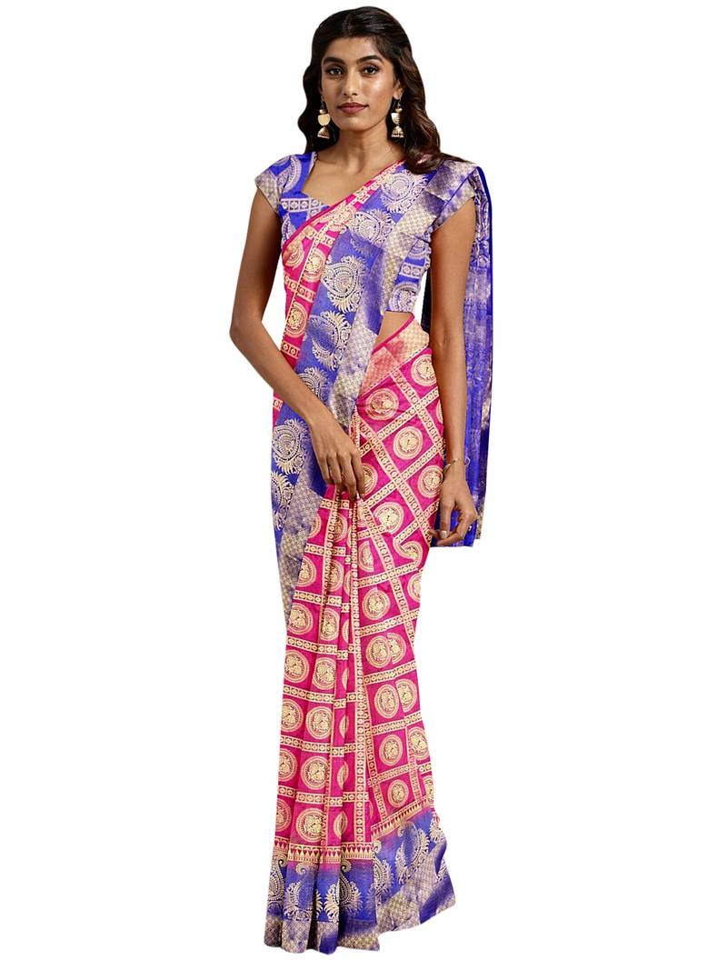 Women's Tussar Silk Pink Printed Designer Saree With Blouse Piece
