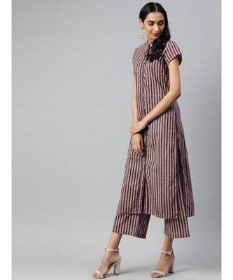 Women Beige & Beige Striped Straight Cotton Kurta, Palazzo With Dupatta 2