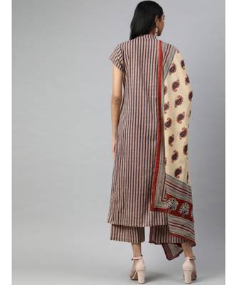 Women Beige & Beige Striped Straight Cotton Kurta, Palazzo With Dupatta 3