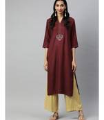 Women Maroon & Beige Solid Straight Rayon Kurta With Palazzo