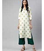 Women Off White & Green Ethnic Motifs Straight Cotton Flex Kurta With Palazzo