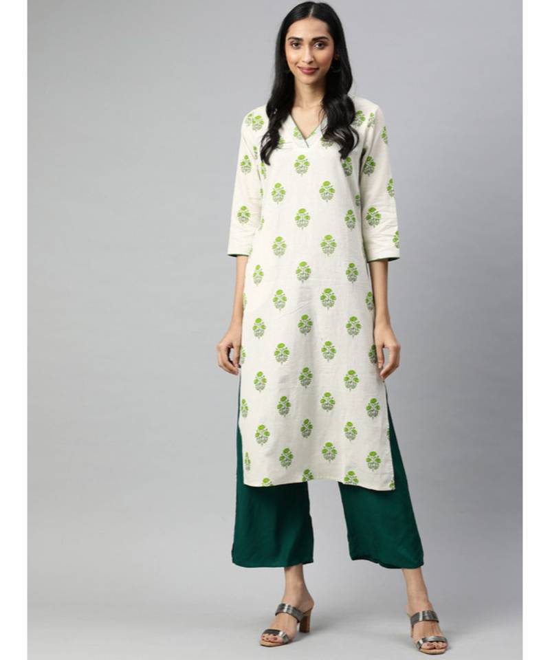 Women Off White & Green Ethnic Motifs Straight Cotton Flex Kurta With Palazzo