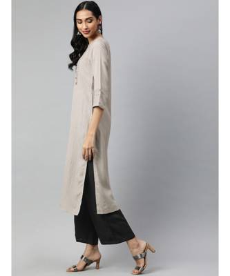 Women Grey & Black Solid Straight Rayon Slub Kurta With Palazzo 2