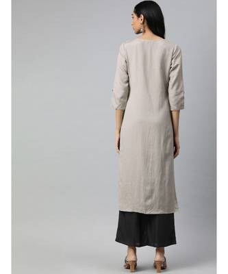 Women Grey & Black Solid Straight Rayon Slub Kurta With Palazzo 3