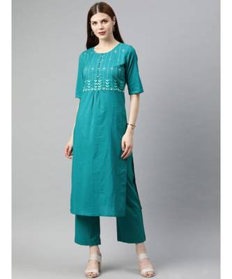 Women Teal Solid Straight Cotton Kurta With Palazzo 1