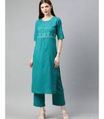 Women Teal Solid Straight Cotton Kurta With Palazzo
