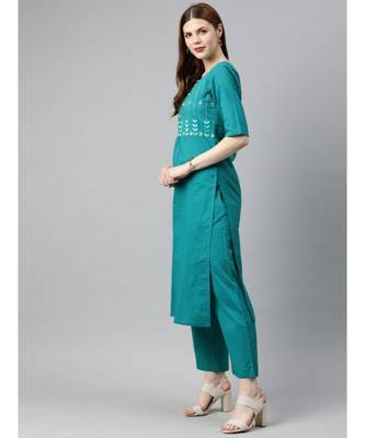 Women Teal Solid Straight Cotton Kurta With Palazzo 2