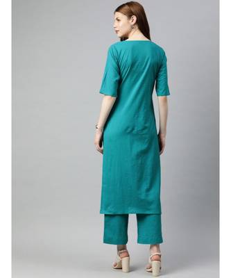 Women Teal Solid Straight Cotton Kurta With Palazzo 3