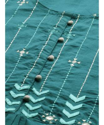 Women Teal Solid Straight Cotton Kurta With Palazzo 4