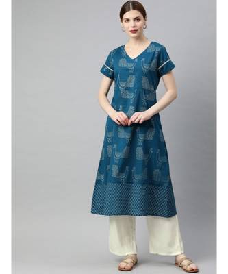 Women Teal & Off White Quirky A-Line Cotton Kurta With Palazzo 1