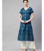 Women Teal & Off White Quirky A-Line Cotton Kurta With Palazzo