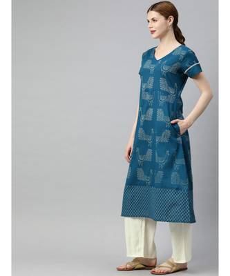 Women Teal & Off White Quirky A-Line Cotton Kurta With Palazzo 2