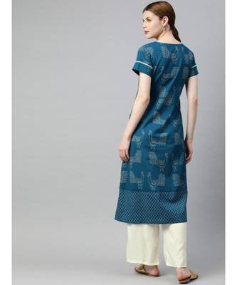 Women Teal & Off White Quirky A-Line Cotton Kurta With Palazzo 3
