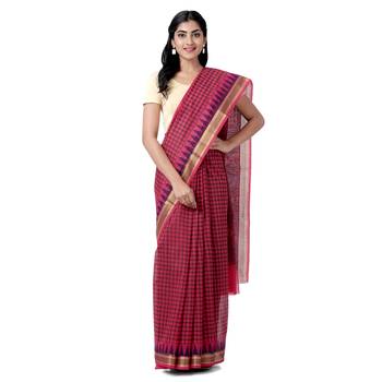 Pink printed blended cotton saree with blouse 1
