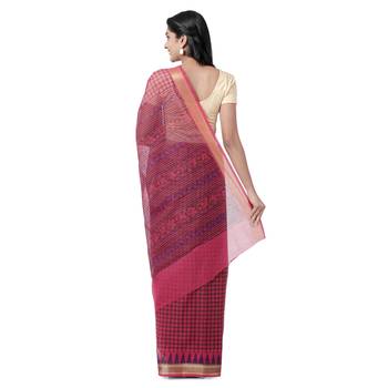 Pink printed blended cotton saree with blouse 2