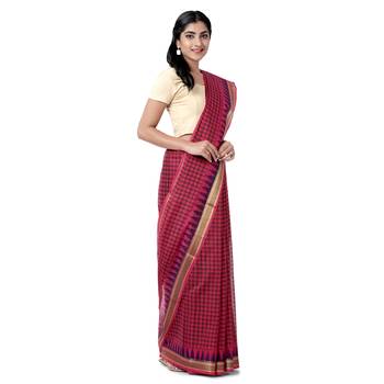 Pink printed blended cotton saree with blouse 4