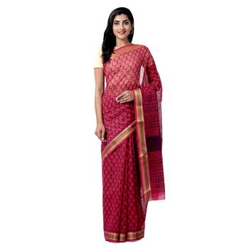 Pink printed blended cotton saree with blouse 1