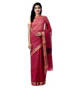 Pink printed blended cotton saree with blouse