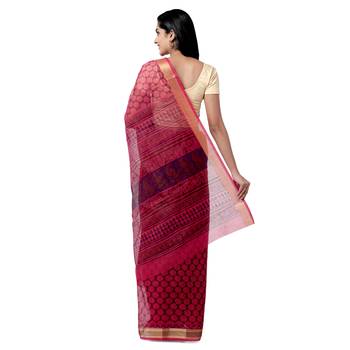 Pink printed blended cotton saree with blouse 2