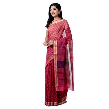Pink printed blended cotton saree with blouse 3