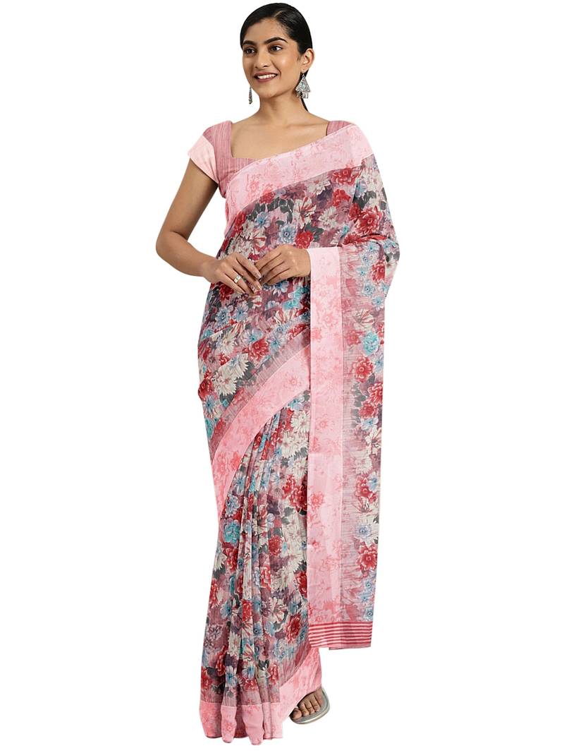 Women's Georgette Pink Printed Designer Saree With Blouse Piece