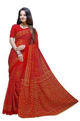 Red printed georgette saree with blouse 1