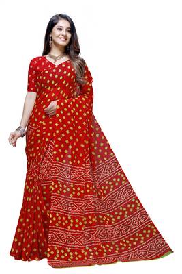 Red printed georgette saree with blouse 1