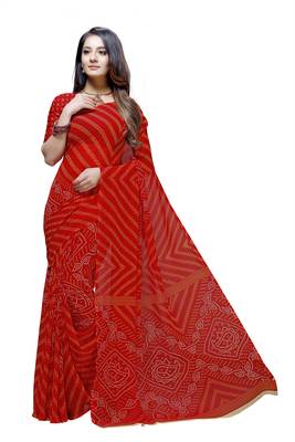 Red printed georgette saree with blouse 1