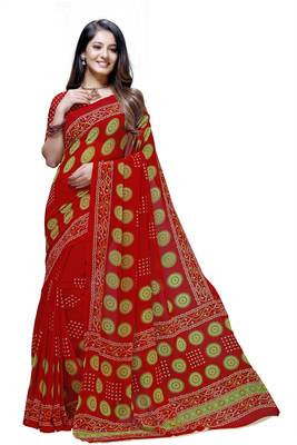 Red printed georgette saree with blouse 1