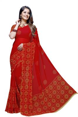 Red printed georgette saree with blouse 1