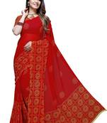 Red printed georgette saree with blouse