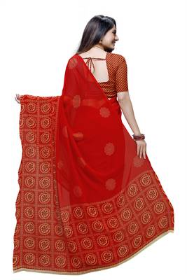 Red printed georgette saree with blouse 2