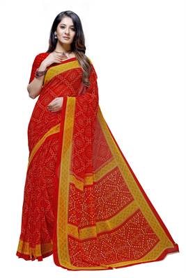 Red printed georgette saree with blouse 1