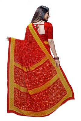 Red printed georgette saree with blouse 2