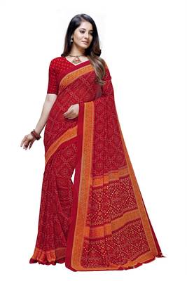 Red printed georgette saree with blouse 1