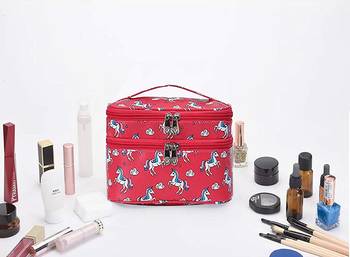Shree Shyam Product Red Double Layer Unicorn Print Cosmetic Bag Toiletry Cosmetic Makeup Bag Organizer 1 Pcs Set 2