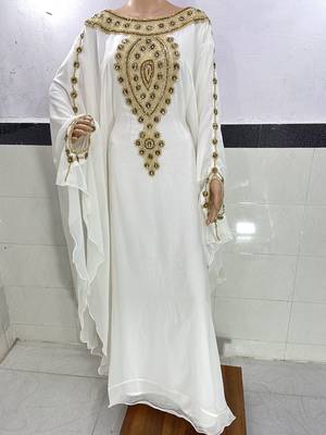 white georgette moroccan islamic dubai kaftan farasha zari and stone work dress 1