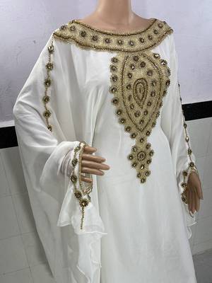 white georgette moroccan islamic dubai kaftan farasha zari and stone work dress 2