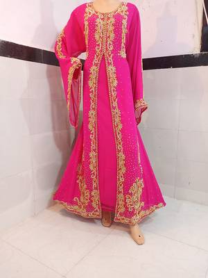 pink georgette moroccan islamic dubai kaftan farasha zari and stone work dress 1